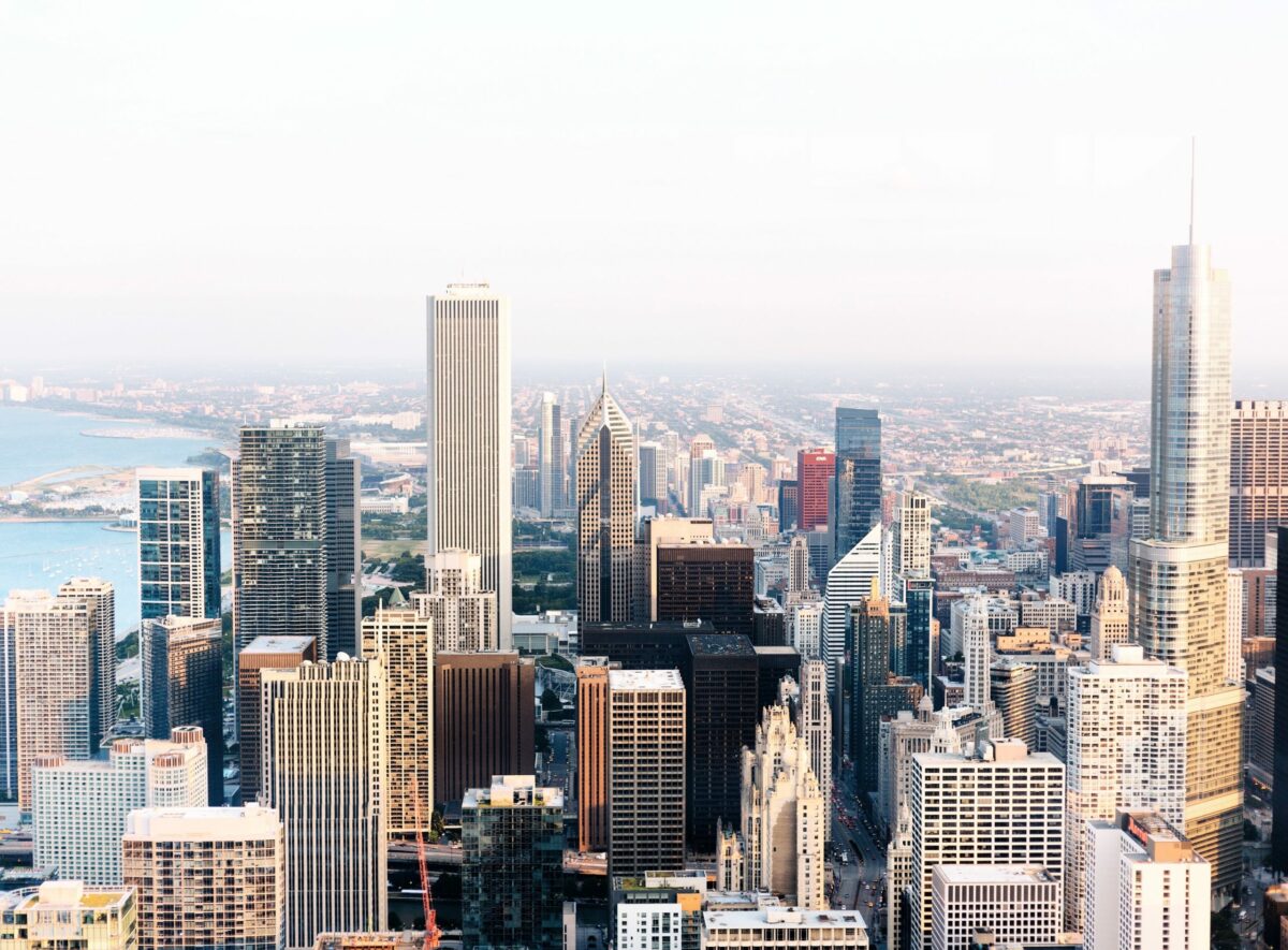 An aerial shot of the Chicago skyline